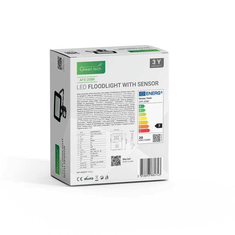 LED reflektor sa senzorom Green Tech 1700 lm, 20W, 6500K, IP65, crni slika 6
