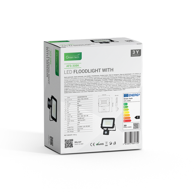 LED reflektor sa senzorom Green Tech 2550 lm, 30W, 6500K, IP65, crni slika 4