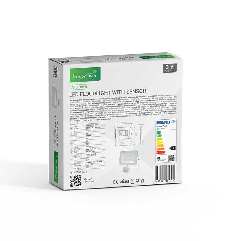 LED reflektor sa senzorom  Green Tech 4250 lm, 50W, 6500K, IP65, bijeli slika 4