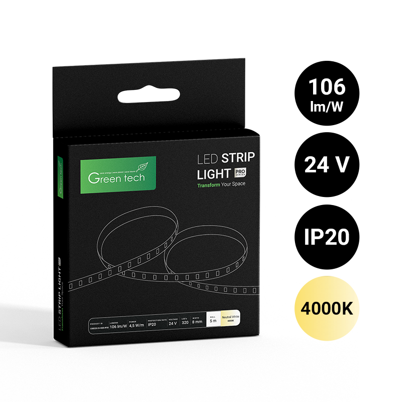 LED traka Green Tech 320 LED, 8 mm, 4.5 W/m, 4000K, DC 24V, IP20, 5m/kom