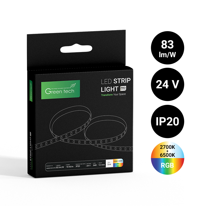 LED traka Green Tech COBCTA 840 LED, 12 mm, 18 W/m, RGB+2700K+6500K, DC 24V, IP2