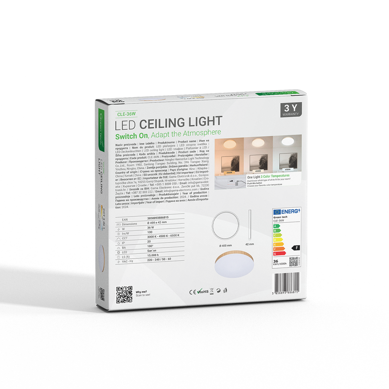 LED plafonjera Green Tech 36W, 3CCT, 40 cm, drveni okvir slika 3