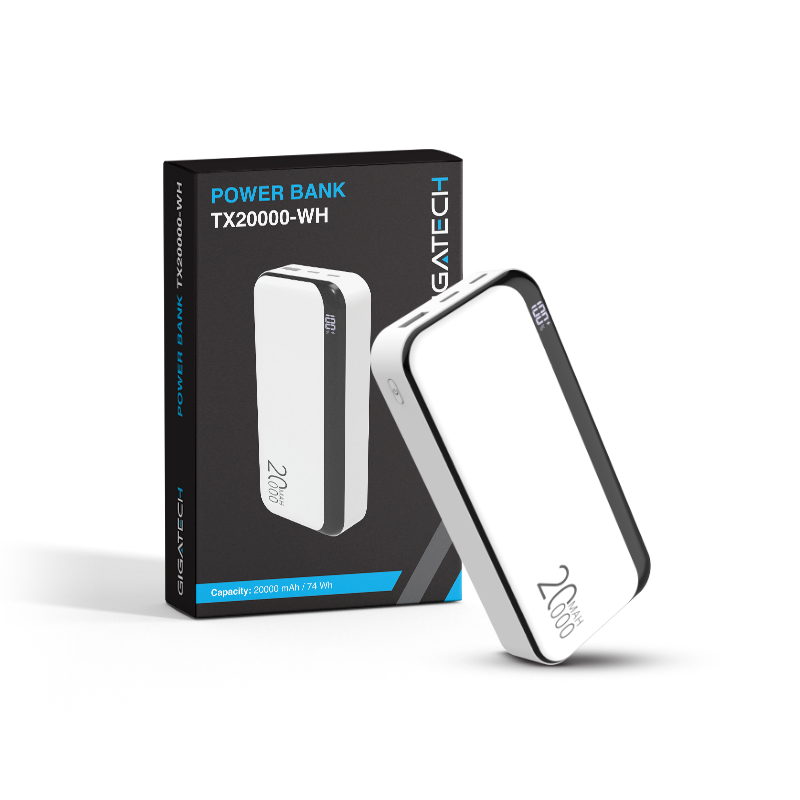 Power bank Gigatech 20000 mAh, USB i C izlazi, bijeli