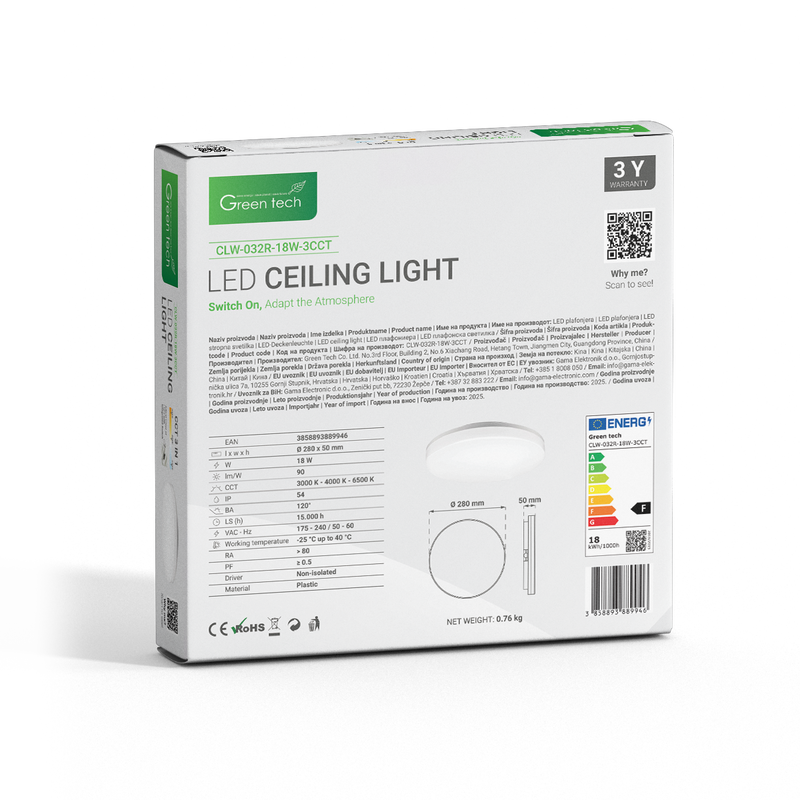LED plafonjera Green Tech 18W, 3CCT, IP54, bijela, promjer 28 cm slika 6