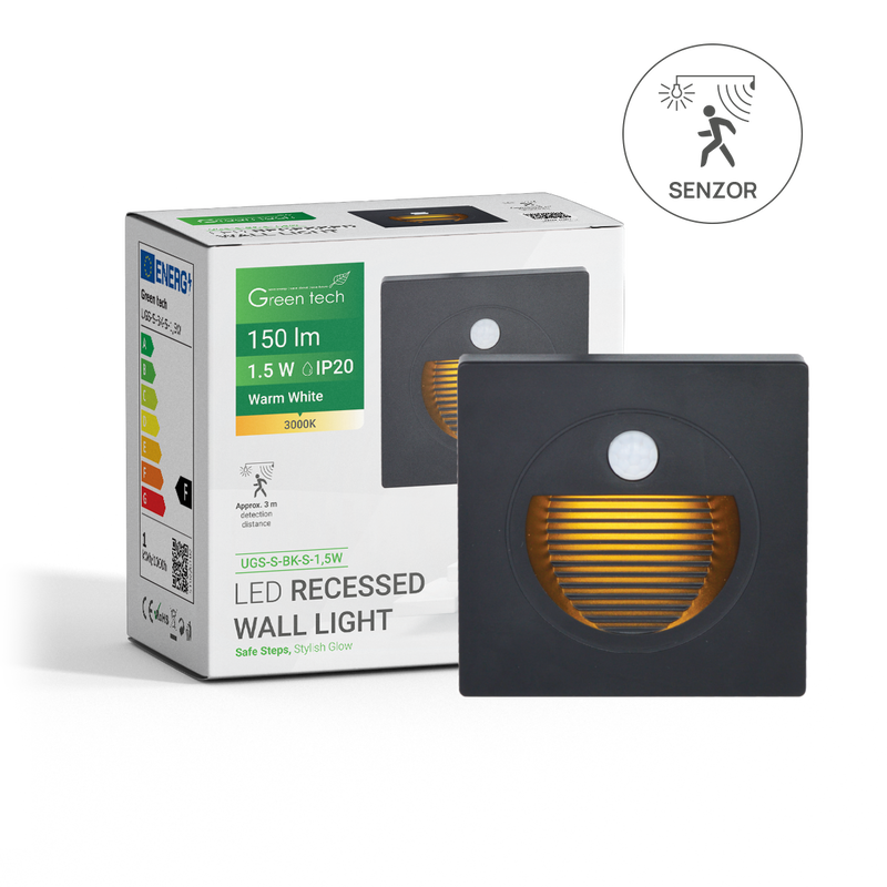 LED ugradna zidna svjetiljka sa senzorom Green Tech 1,5W, 3000K IP20, crna