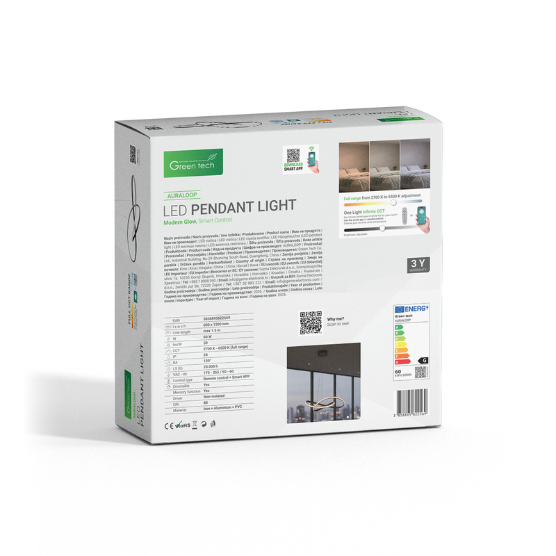 Smart dekorativna visilica Green Tech 60W, 3CCT, dim, APP + daljinski upravljač slika 5