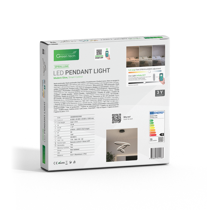 Smart dekorativna visilica Green Tech 75W, 3CCT, dim, APP + daljinski upravljač slika 5