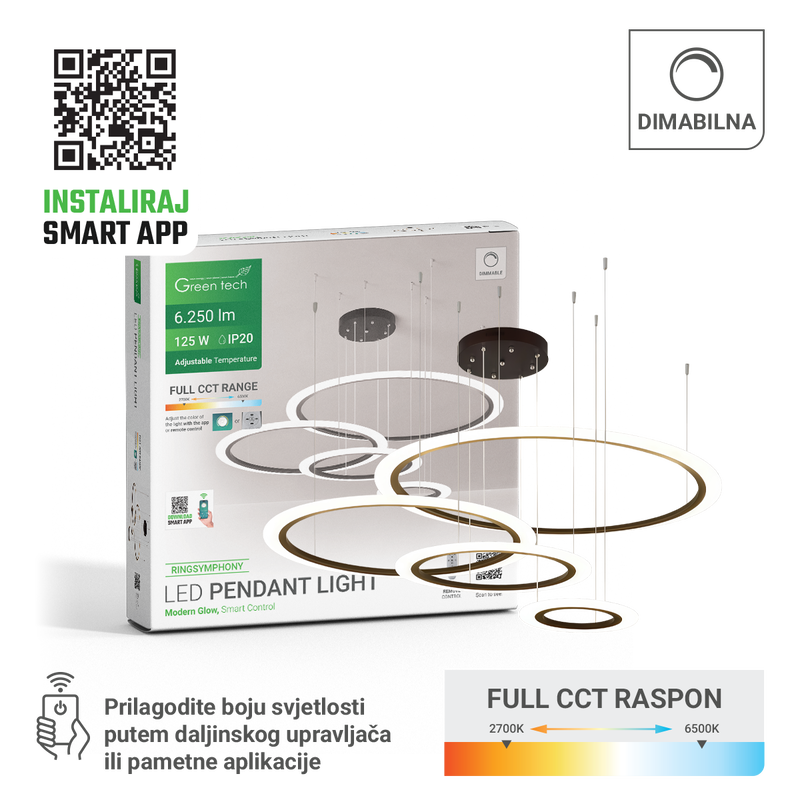 Smart dekorativna visilica Green Tech 125W, 3CCT, dim, APP + daljinski upravljač