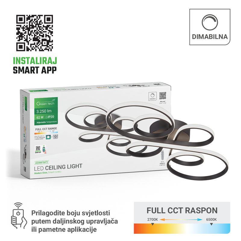 Smart stropna dekorativna svjetiljka Green Tech 62W, 3CCT, dim, APP + daljinski