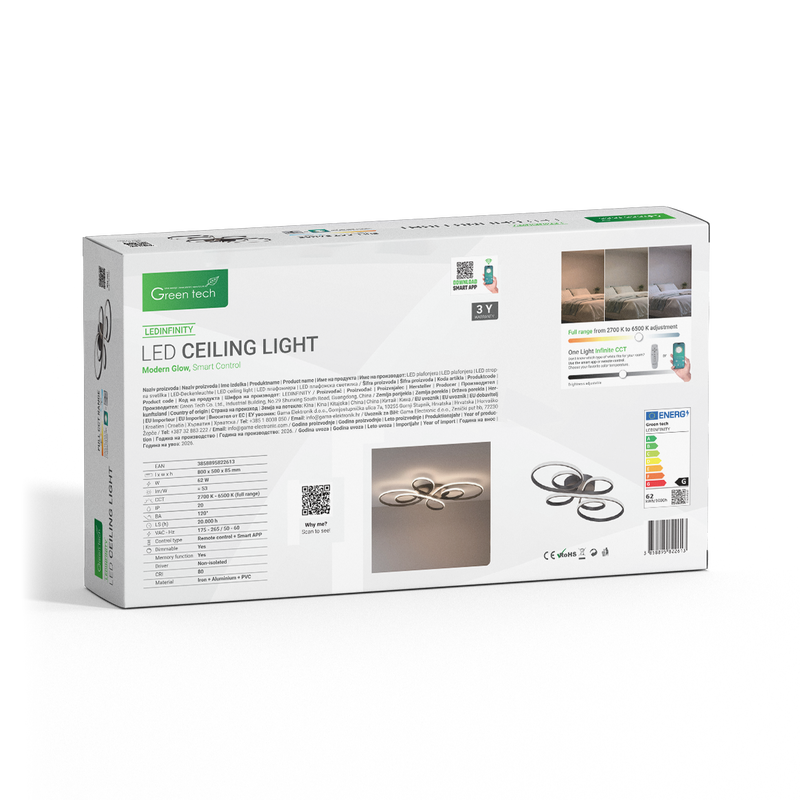 Smart stropna dekorativna svjetiljka Green Tech 62W, 3CCT, dim, APP + daljinski slika 5