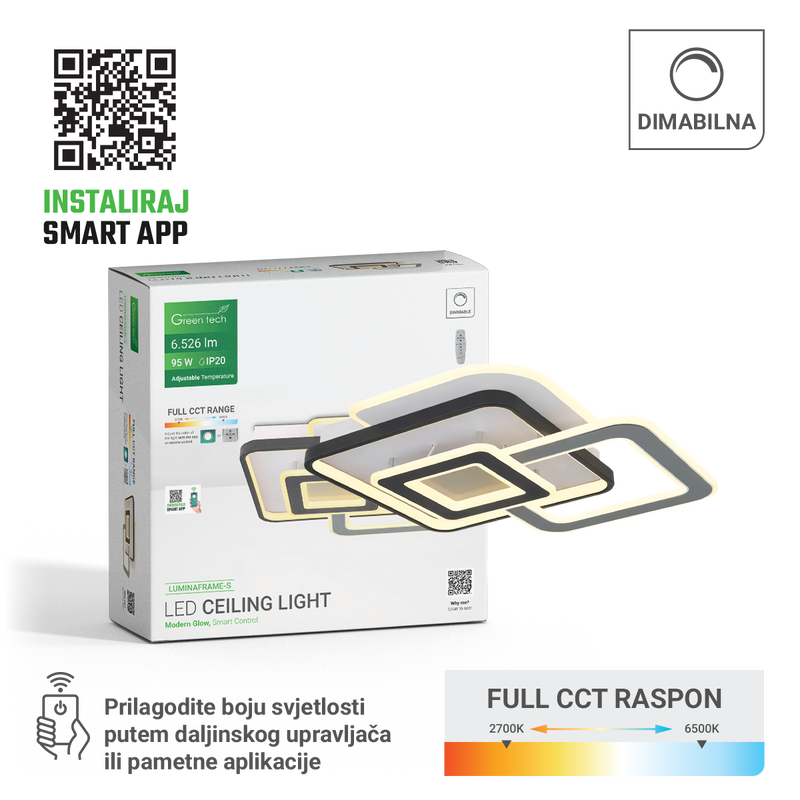 Smart stropna dekorativna svjetiljka Green Tech 94W, 3CCT, dim, APP + daljinski