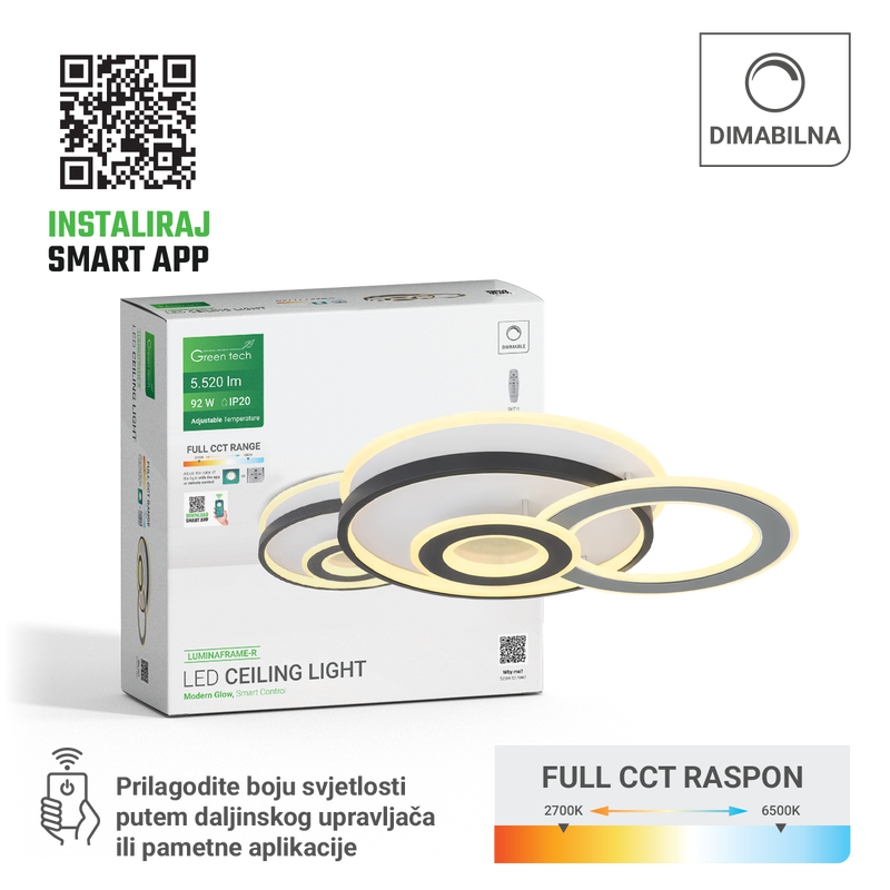 Smart stropna dekorativna svjetiljka Green Tech 92W, 3CCT, dim, APP + daljinski
