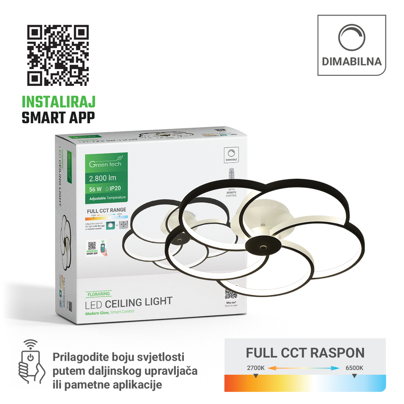 Smart stropna dekorativna svjetiljka Green Tech 56W, 3CCT, dim, APP + daljinski