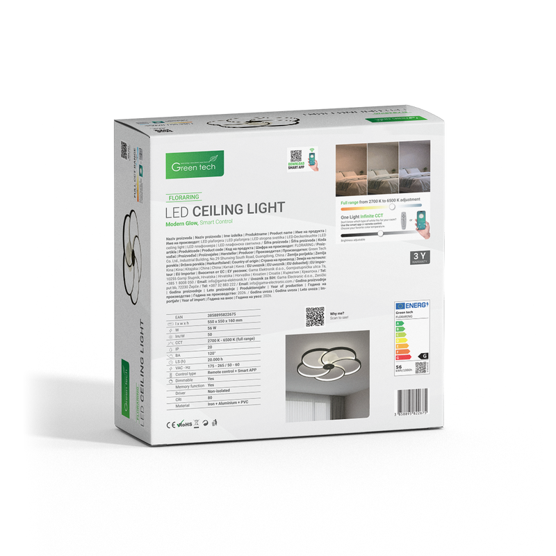 Smart stropna dekorativna svjetiljka Green Tech 56W, 3CCT, dim, APP + daljinski slika 5