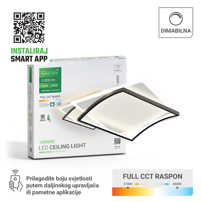 Smart stropna dekorativna svjetiljka Green Tech 76W, 3CCT, dim, APP + daljinski