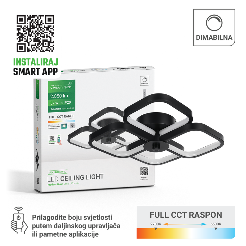 Smart stropna dekorativna svjetiljka Green Tech 57W, 3CCT, dim, APP + daljinski