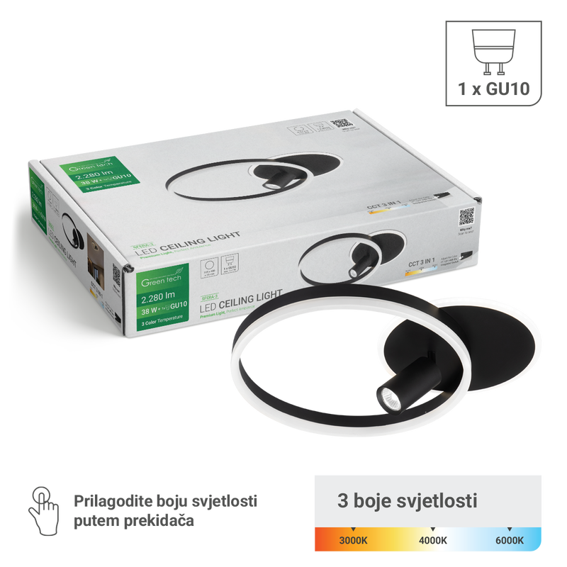 Stropna dekorativna svjetiljka Green Tech 38W, 3CCT + 1 x SPOT GU10