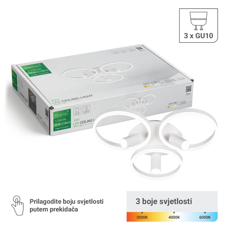 Stropna dekorativna svjetiljka Green Tech 54W, 3CCT + 3 x SPOT GU10