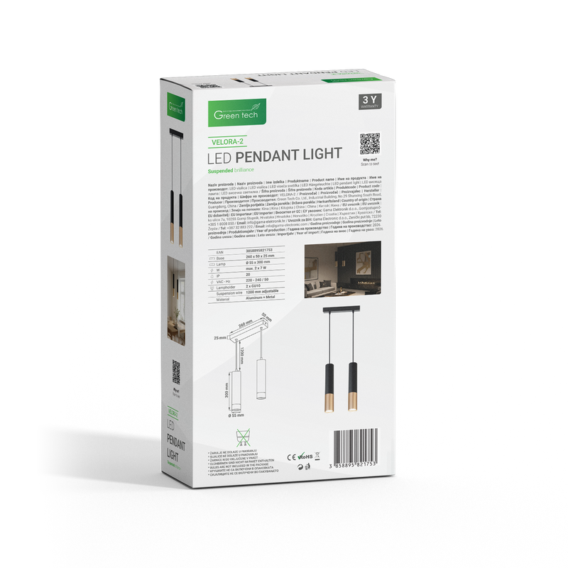 LED visilica Green Tech, GU10 X 2 kom, crna-zlatna boja slika 4