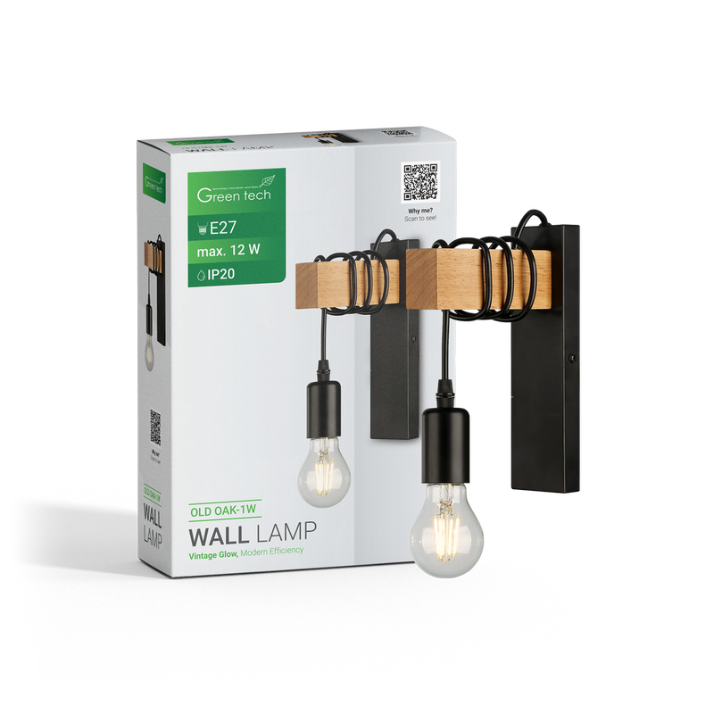 LED retro zidna svjetiljka Green Tech E27 x 1 kom, drvo + metal