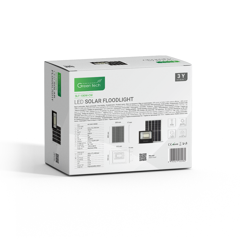 LED solarni reflektor Green Tech 100W, 6500K, IP65, solar slika 4